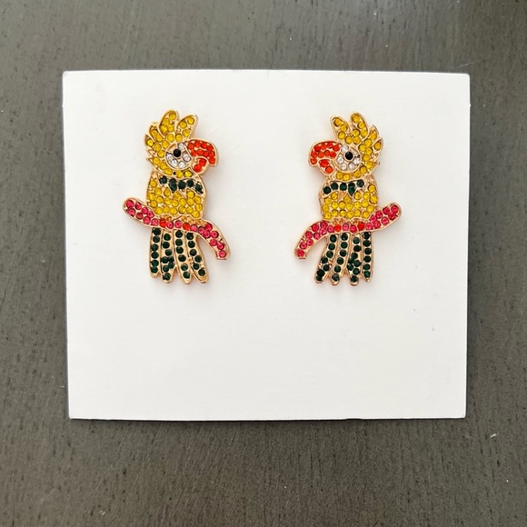 🦜Yellow Orange Crystal Cockatiel Perched Bird Feather Plume Boho 1.25" Earrings - Picture 1 of 3